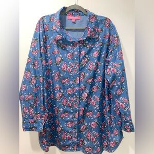 Womens Woman Within Floral 3/4 Sleeve Blue Button Up Top